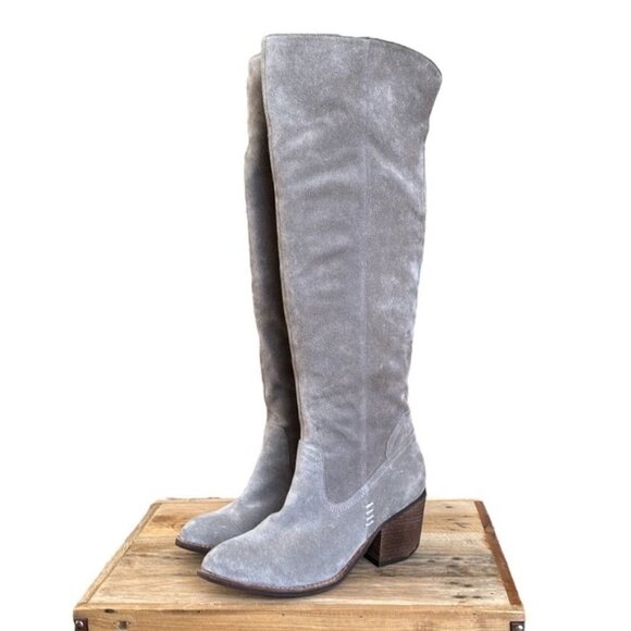 Jeffrey Campbell Cream Gray Over the Knee Boots Suede Chunky Heel - Picture 1 of 16